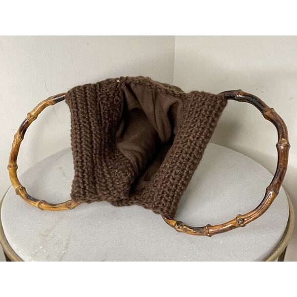 Handmade Crochet Chunky Knit Boho Brown Hand Bag 70s Grannycore Bamboo Handles - Picture 8 of 10